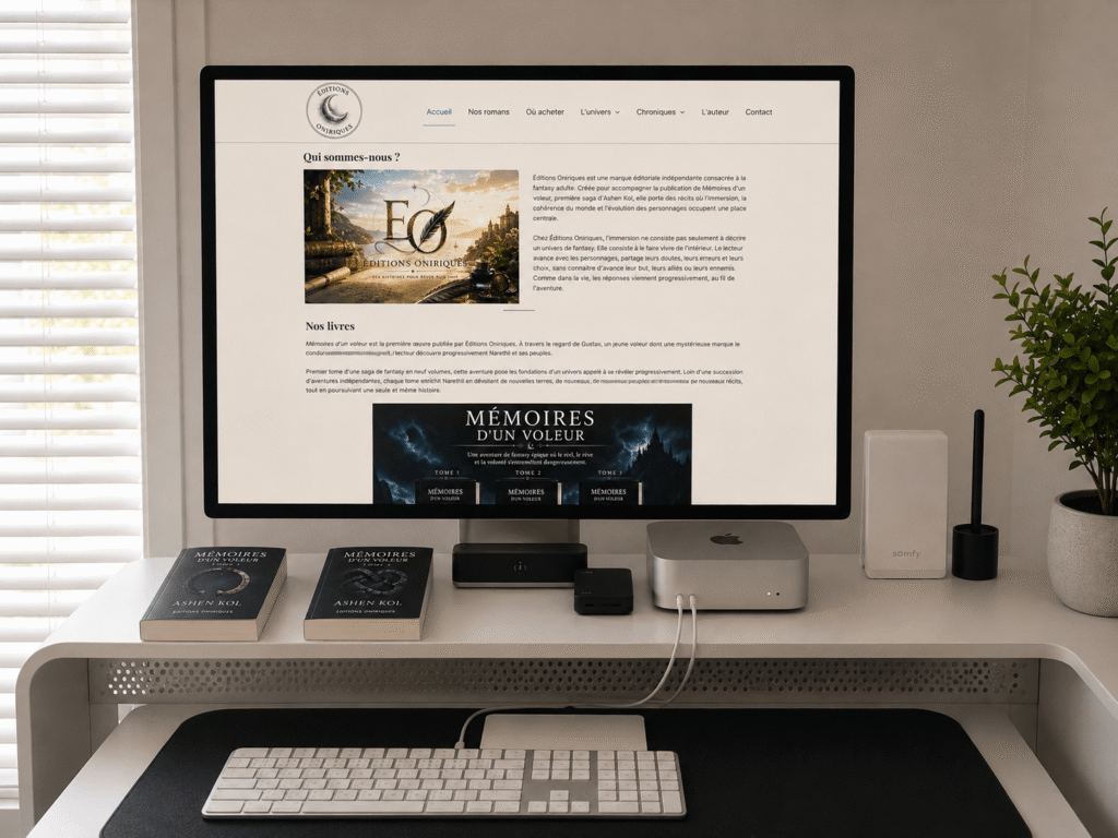 Bureau d’Ashen Kol avec le site des Éditions Oniriques et les tomes de Mémoires d’un voleur
